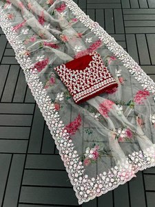 Magnifique Sari Traditionnel de Bollywood en Soie Georgette de Designer, Broderie de Paillettes, Haute Qualité, 5,50 Mètres, Idéal pour Mariages et Festivals - Product Image 5