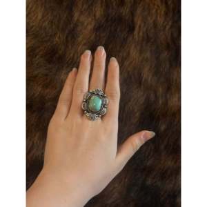 Navajo Handmade Yellow Gold Carico Lake Turquoise Sterling Silver Ring Size 10.75 Bezel Setting Inlay for Everyday Wear Weddings - Product Image 2
