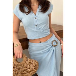 Baby Blue <b>Linen</b> Shirt And Skirt Set - Baby Blue - Product Image 4