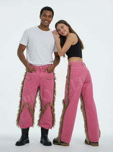 Pantalons à franges en denim vert en gros OEMODM, jambes larges, streetwear, taille haute, coupe ample, pantalon utilitaire tendance pour hommes et femmes - Product Image 5