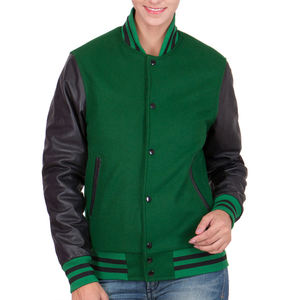 Chaqueta Estilo Universitaria para Hombre en Verde Oscuro y Negro, Mangas Estilo Cuero, Forro Acolchado, Ribete a Rayas, Moda Urbana - Product Image 1