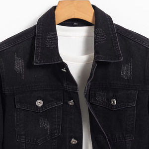 Chaqueta vaquera para hombre-Chaqueta regular negra, moda callejera con rasgaduras, adecuada para salidas informales diarias, ropa suelta rasgada - Product Image 2
