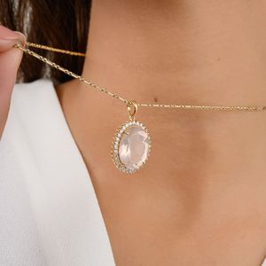 Vente en gros de bijoux avec pendentif en or jaune véritable 14 carats pour femmes en quartz rose ovale naturel avec diamants pour les mariages - Product Image 6