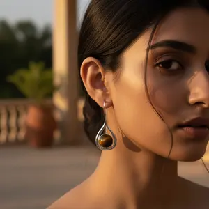 Boucles d'oreilles en argent 925 avec œil de tigre en forme de larme pour femmes, plaquées or, style vintage, clous pendantes, jolies perles, bijoux en diamant pour les mariages - Product Image 1