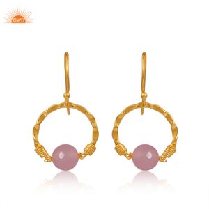 Latest Selling Sterling Silver Gold Plated Natural Rose Chalcedony Gemstone <b>Dangle</b> <b>Earring</b> Custom Design Jewelry Manufacturer - Product Image 1