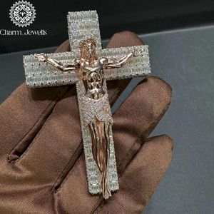 Charm_Jewells Rose <b>Gold</b> Plated 18K <b>Solid</b> <b>Gold</b> Cross <b>Pendant</b> With Moissanite Baguette Cut Channel Setting Christian Charm - Product Image 1