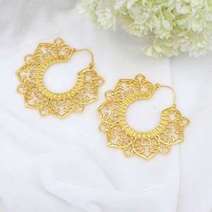 Trendy Vintage <b>Floral</b> Circle Ear <b>Hoops</b> Antique Geometric Brass Lotus Flower Shape Handmade Fashionable Drop Earrings Jewelry - Product Image 2