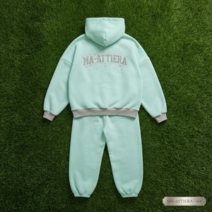 Conjunto de Sudadera con Capucha Oversize Verde Menta y Pantalones Deportivos Grises para Mujer, de Algodón y Felpa, Estilo Casual Urbano, Venta al Por Mayor OEM - Product Image 5