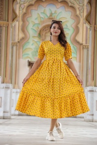 Robe pour femme en coton biologique 100 % de couleur jaune, imprimée à la main, robe en coton, robe d'été, robe bohème florale, tenue maxi de plage - Product Image 6