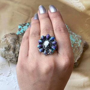 <b>Adjustable</b> Mojave Cluster <b>Ring</b> Handmade <b>Sterling</b> <b>Silver</b> with White Buffalo and Purple Dream for Weddings and Parties - Product Image 1