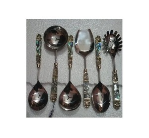 Poignée décorative d'ensemble de serveur de salade d'acier inoxydable de métiers de luxe concevant le miroir argenté fait main poli - Product Image 1