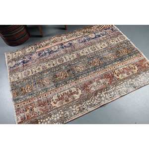 Classique Beige Bleu Rayé Laine Tapis À La Main 4.2 X 5.8ft Rectangulaire Viscose En Peluche pour Chambre Patchwork Motif Latex Support - Product Image 2