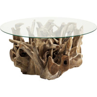 Table basse en racine de teck de couleur naturelle avec verre supérieur pour intérieur et extérieur-Ameli
