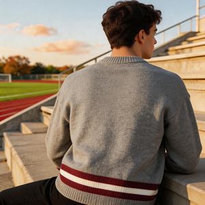 Suéter Retro Universitario BSCI/WRAP <span class=keywords><strong>con</strong></span> Cuello Redondo para Hombre, Parche de Letras de Fieltro Bordado, Puños a Rayas, Top de Punto Vintage para Otoño - Product Image 2