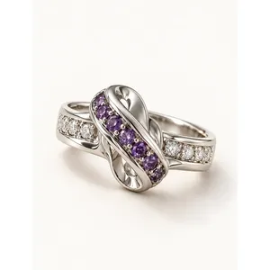 Rhodium Plated Amethyst Infinity Twist <b>Couple</b> <b>Ring</b> with Bezel Set Zircon - Product Image 1