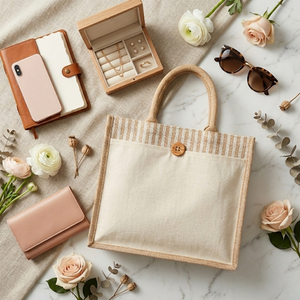 Naturetote 350 GSM Jute Cotton <b>Tote</b> <b>Bag</b> <b>Medium</b> Size 13x15x5in Hand Length Handle Shoulder Closure Advertising Gift for Groceries - Product Image 4