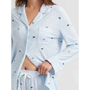 Conjunto de Pijama Clásico de Manga Larga para Mujer, Rayado, Tejido de Bambú y Spandex, Suave, Talla XS, Logotipo Personalizado, Cierre con Cordón, para Primavera - Product Image 2