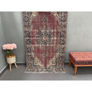 3.6x7 ft Area Vintage Turkish Rug, <b>Red</b> Animal Print <b>Wool</b> Rug - Product Image 1