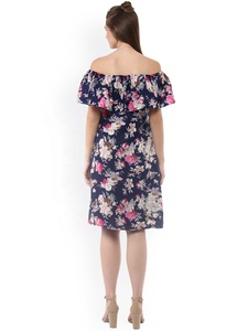 Breathable Ruffled High Quality Women's Viscose Floral Print Off-Shoulder Casual Fit and Flare <b>Summer</b> Mid-Calf <b>Dress</b> - Product Image 3