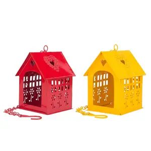 红色和黄色镀锌金属鸟屋悬挂家庭花园器皿鸟屋花园木桩金属鸟屋