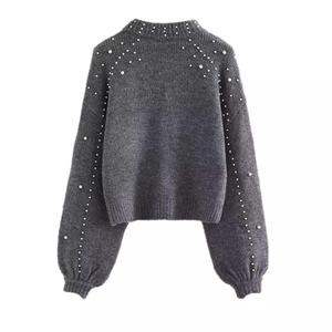 Ropa de invierno de punto de cuello redondo para mujer OEM con logotipo personalizado, suéter de punto de gran tamaño de manga larga a la moda con piedra para mujer - Product Image 5