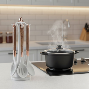 Imported 7-PCs Silicone Spoon Set with White Wooden Handle <b>Heat</b> Resistant Utensil Set for Cooking & Fish Kitchenware <b>Brush</b> - Product Image 1