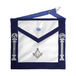 Delantal de piel de cordero Master Mason Blue Lodge Terciopelo azul real y bordado de pilares blancos - Product Image 1