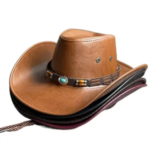 Nuevos sombreros de vaquero de cuero al aire libre para hombres de vaquero occidental personalizados Sombreros de vaquero en cuero genuino Sombreros de moda al por mayor - Product Image 1