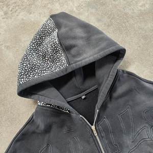 Sweat à capuche surdimensionné à fermeture éclair en tissu épais de style streetwear avec logo personnalisé de haute qualité Y2K délavé à l'acide et orné de strass pour hommes - Product Image 2