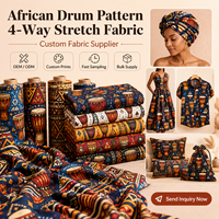Tissu imprimé à motif de tambour africain personnalisé, vente chaude, fabricant OEM ODM, jupes, chemises, textiles de maison, petit MOQ