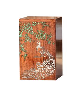 Urne paon blanc royal avec figure d'arbre pour cendres humaines Boîte en bois avec couvercle Boîte d'urne funéraire pour animaux de compagnie adulte - Product Image 1