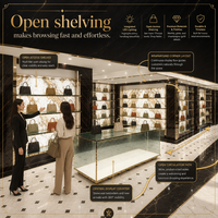 Vitrine de Luxe pour Sacs à Main de Marque avec Îlot Central Doré et Table en Verre – Ensemble de Mobilier Haut de Gamme pour Magasin de Détail – Présentoir pour Sacs de Créateurs