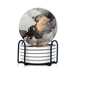 Round Wood Marble <b>Coaster</b> Set Custom Engraved Personalized Modern Creative Round - Product Image 1