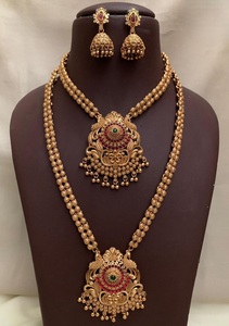 Conjunto de Collar Largo y Pendientes de Latón Chapado en Oro Estilo Templo Tradicional para Bodas, Fiestas y Festivales para Mujer - Product Image 2