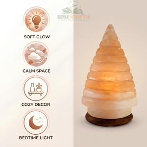 Lampe de sel de l'Himalaya artisanale unique en forme de cône spiralé, lumière de nuit en cristal de roche naturel avec base en bois de qualité supérieure - Product Image 2