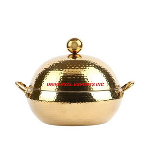Gold Finished Metal Hotpot Premium Quality Handmade Designer Casserole Round Shape Luxury New Metal <b>Food</b> <b>Warmer</b> - Product Image 1