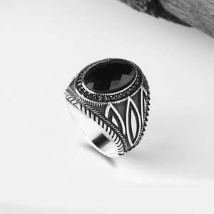Anillo Azuris turco de plata de ley 925 para hombre, joyería de moda de estilo otomano, piedra negra natural hecha a mano VALKH1332 - Product Image 1