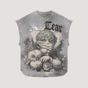 T-shirt 100% coton pour homme, coupe ample, imprimé, 240 GSM, mélange de coton gris, sans manches, imprimé vintage ange avec strass. - Product Image 6