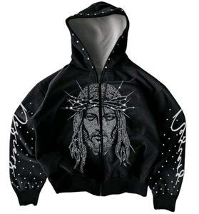 Glory Custom Sweatshirt <b>Hoodie</b> Fashion Stone Pullover Sweatshirt <b>Hoodie</b> Mens <b>Black</b> Rhinestone Jesus Graphic <b>Zip</b>-<b>Up</b> <b>Hoodie</b> - Product Image 1