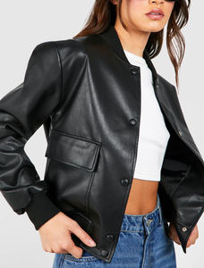 OEM High Quality customised cropped leather varsity jacket for women's custom Embroidery patches <b>genuine</b> leather ladies jacket - Product Image 6