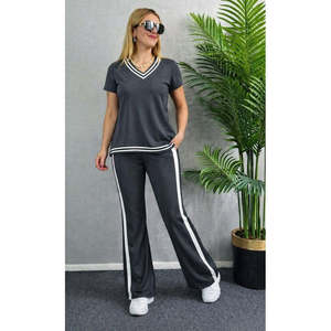 Conjunto de Dos Piezas para Mujer, Blusa de Manga Corta con Cuello en V de Viscosa de Dos Hilos y Pantalones, 35482 - Gris - Product Image 1