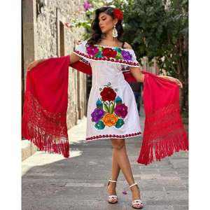 Robe maxi blanche à col en V pour femmes, brodée de fleurs, ethnique mexicaine, en coton fait main, taille naturelle, écologique, bohème, boutique d'été - Product Image 4