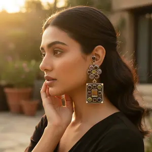 Boucles d'oreilles pendantes vintage en argent 925 avec pierres précieuses multiples, perle d'eau douce et diamant en forme de fleur, bijoux de mode pour femmes - Product Image 2