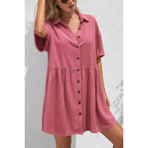 Vestido Mini Arrugado con Cuello y Botones Delanteros de Manga Corta para Mujer de Jane's - Ropa de Verano Informal de Corte Relajado, Modelo 31541 - Product Image 1