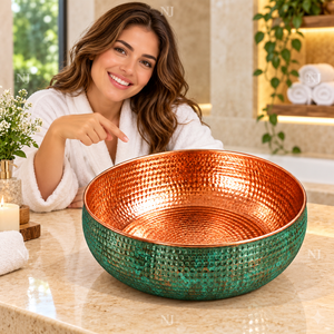 Bol à pédicure artisanal en cuivre NJ avec finition martelée patinée argentée, double paroi, drainage sans tuyau pour salon de manucure ou usage domestique - Product Image 3