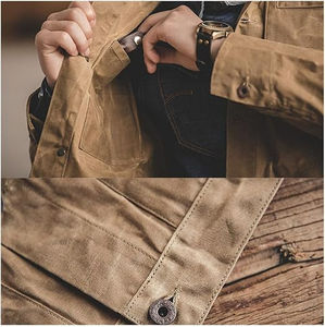 Veste rétro en toile de cire à l'huile kaki pour hommes avec de grandes poches perlées Manteau vintage 100% coton-Service OEM Produit fini - Product Image 4