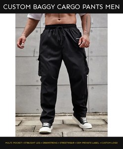 Custom Baggy Cargo Pants <b>Men</b> Multi Pocket Straight Leg Drawstring <b>Elastic</b> <b>Waist</b> Streetwear <b>Trousers</b> OEM Private Label Logo - Product Image 4