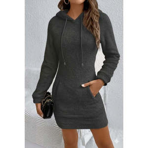 Vestido mini de felpa con capucha y bolsillos de manga larga para mujer, 27813 - Gris - Product Image 4