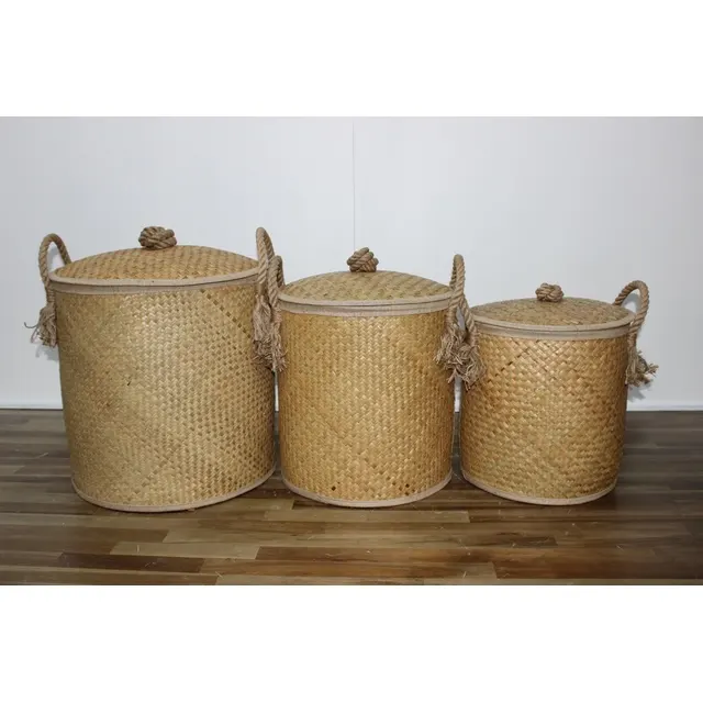素朴なチャームコレクション: 3つの丸いヤシの葉のトランクスバスケットの手作りセット-ベトナム工場のベストセラーデザイン