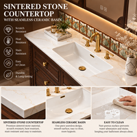 Meuble-lavabo de salle de bain d'hôtel en chêne massif résistant à l'eau 1000mm 500mm avec armoire latérale, tiroirs, vasque en céramique, miroir intelligent, style classique